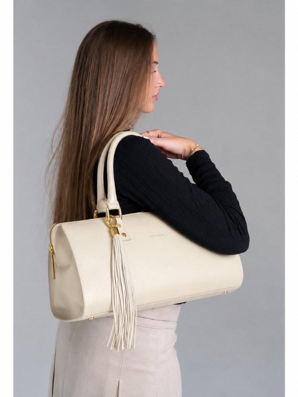 Kelly-Tooke Soho Leather Barrel Tassel Satchel Shoulder Bag Handbag Purse Cream
